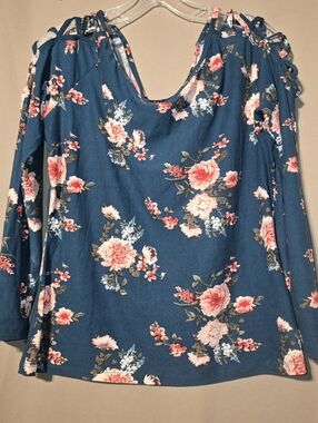 Floral Criss Cross Cold-Shoulder Long Sleeve Top Teal w/ Pink Blooms Fits SMALL